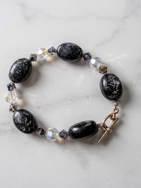 Vintage 90s Natural Stone & AB Crystal Toggle Bracelet Midnight Silver Flash